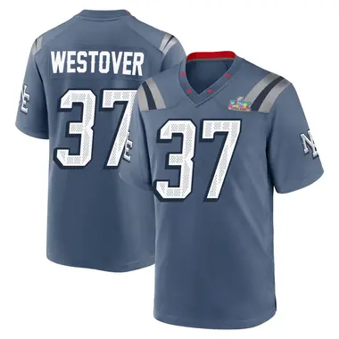 Jack Westover Men's Game Blue New England Patriots Storm 2025 Rivalries Collection Super Bowl LX Patch Jersey