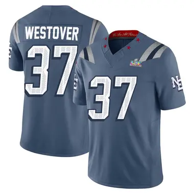 Jack Westover Men's Limited Blue New England Patriots Storm 2025 Rivalries Collection Super Bowl LX Patch Jersey