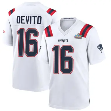 Tommy DeVito Men's Game White New England Patriots Super Bowl LX Patch Jersey